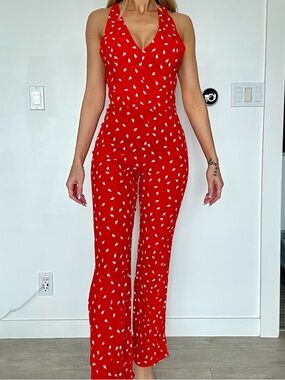 Vici Red Halter Jumpsuit with White Micro Print